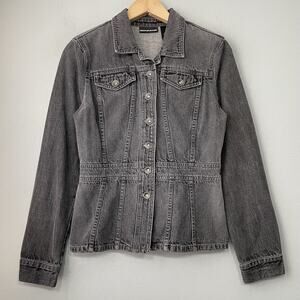 DKNY Jeans Jacket Juniors Size Medium Gray Denim Tailored Peplum Coat Y2K 2000s